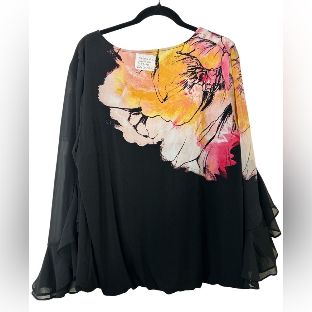 Alfani Women's Black Floral Print Flare-Sleeve Blouse Size XXL - Picture 4 of 5